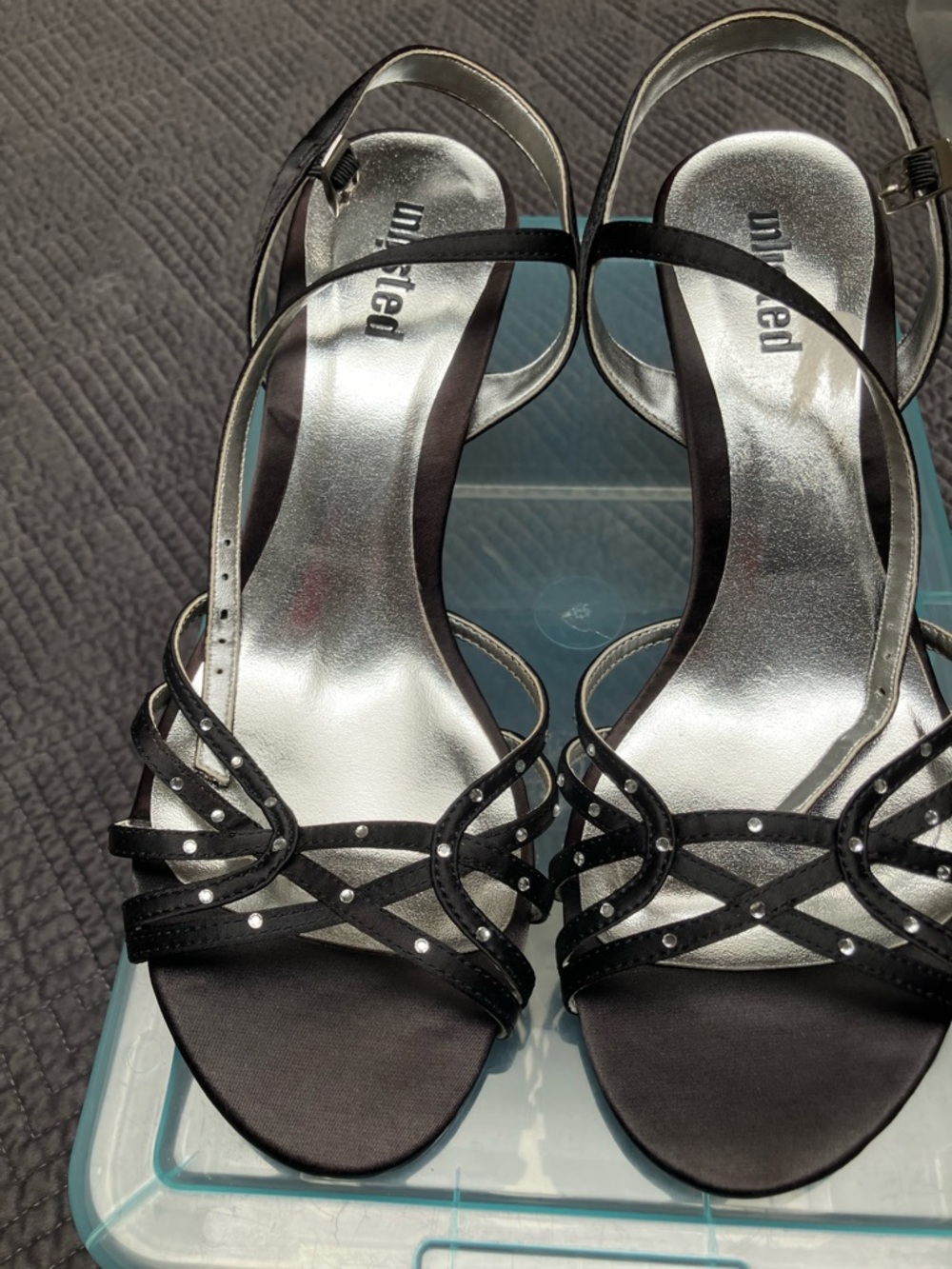 Unlisted Black Rhinestone Strappy Dress Sandals with Silver Footbed. 661